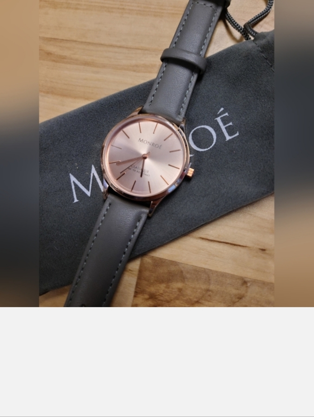 Monror Watch W/ Gray Leather Band & Rose Gold Face New With Dust Bag